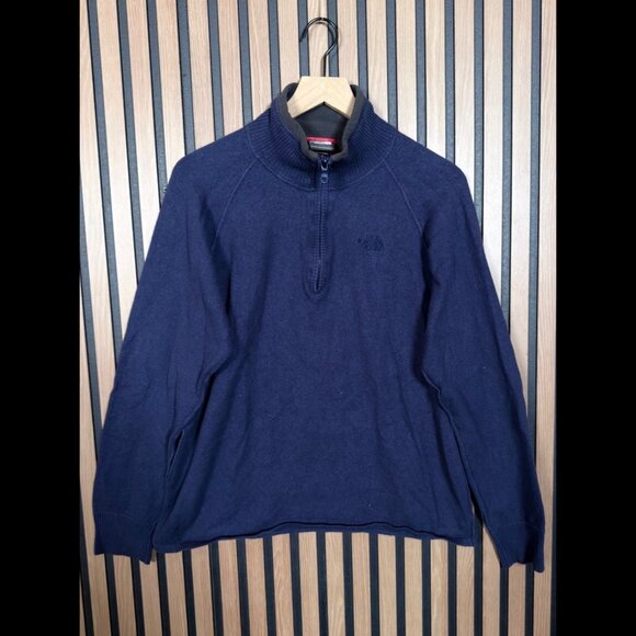 The Northface Sweater Large Mens Blue Navy Wool Blend 1/4 Zip Ribbed Neck - Picture 1 of 7
